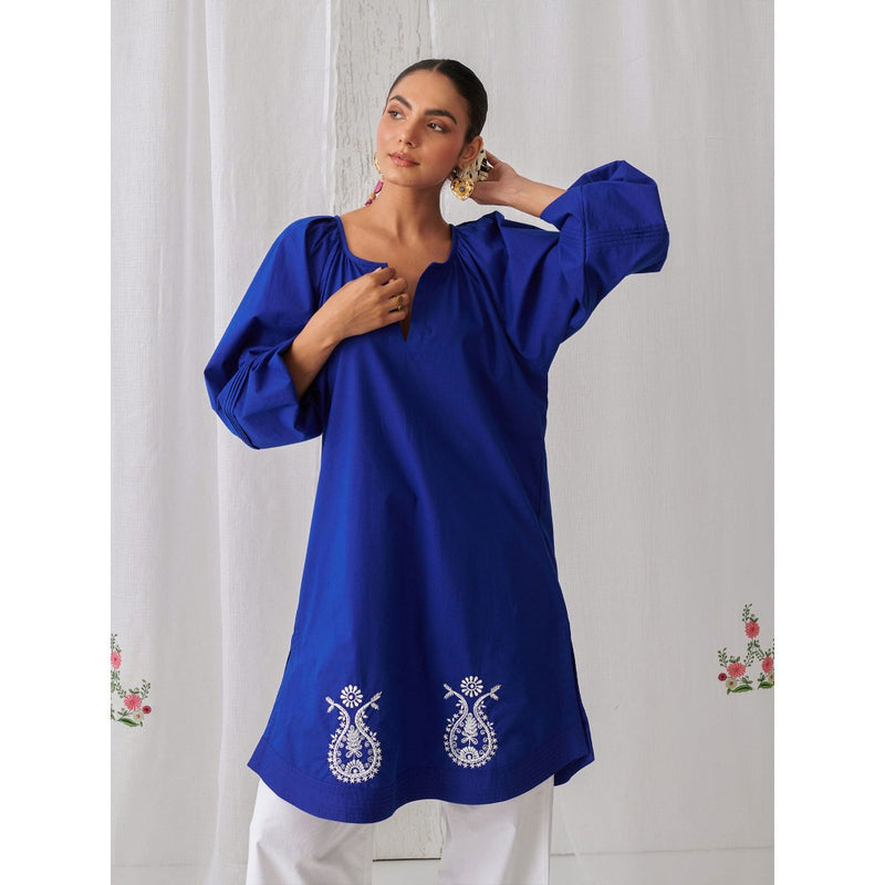 Myaara Royal Blue Gathered Kurta Paired With Curved Hem White Palazzo (Set of 2)