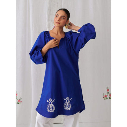 Myaara Royal Blue Gathered Kurta Paired With Curved Hem White Palazzo (Set of 2)