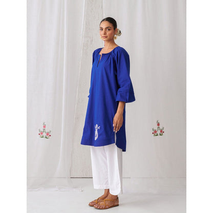 Myaara Royal Blue Gathered Kurta Paired With Curved Hem White Palazzo (Set of 2)
