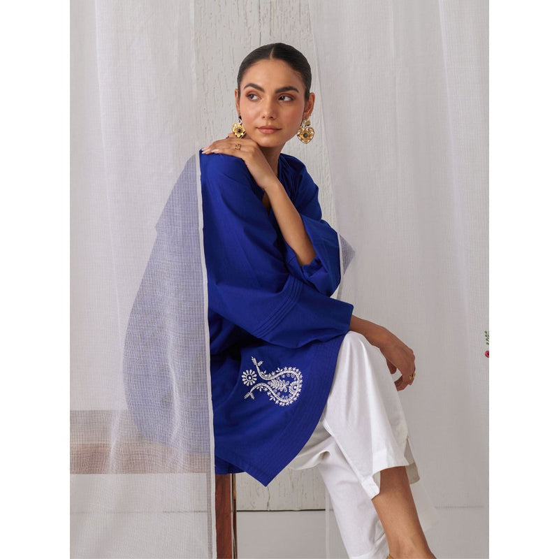 Myaara Royal Blue Gathered Kurta Paired With Curved Hem White Palazzo (Set of 2)