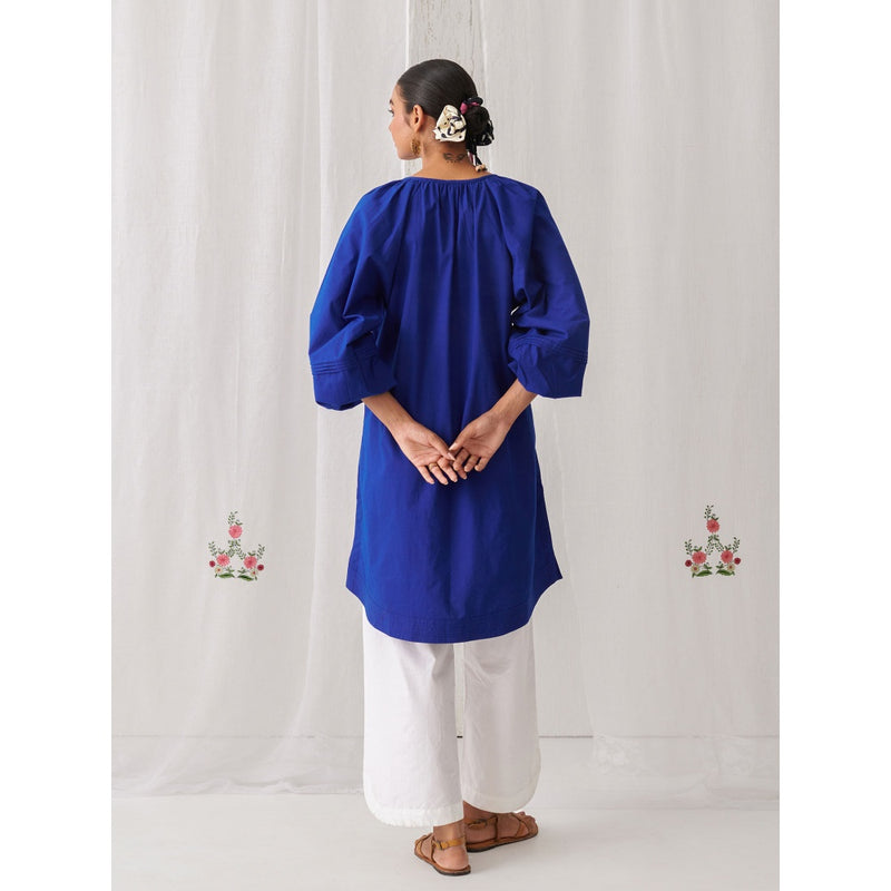 Myaara Royal Blue Gathered Kurta Paired With Curved Hem White Palazzo (Set of 2)
