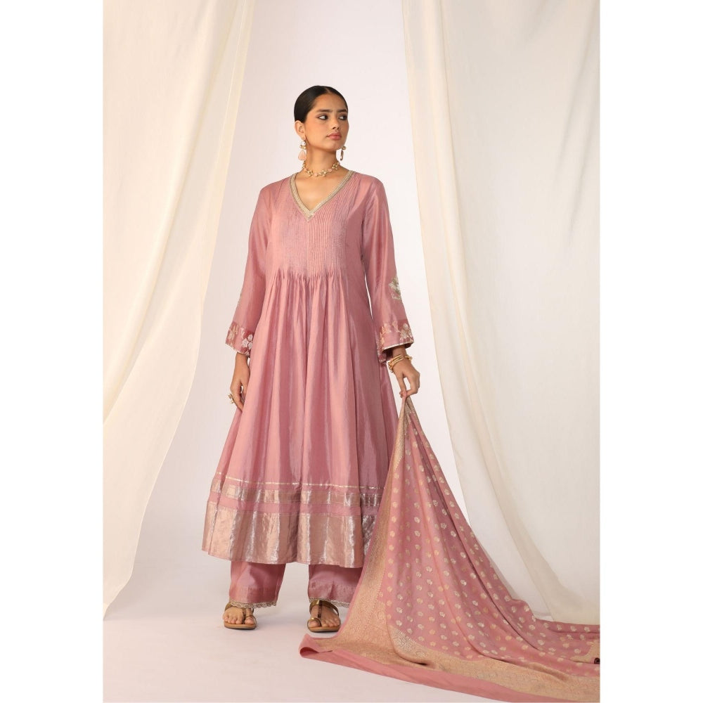 Myoho Hand Work Embroidery Silk Pintucked Anarkali Kurta with Pant & Dupatta (Set of 3)