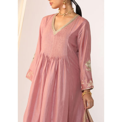 Myoho Hand Work Embroidery Silk Pintucked Anarkali Kurta with Pant & Dupatta (Set of 3)