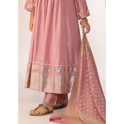 Myoho Hand Work Embroidery Silk Pintucked Anarkali Kurta with Pant & Dupatta (Set of 3)