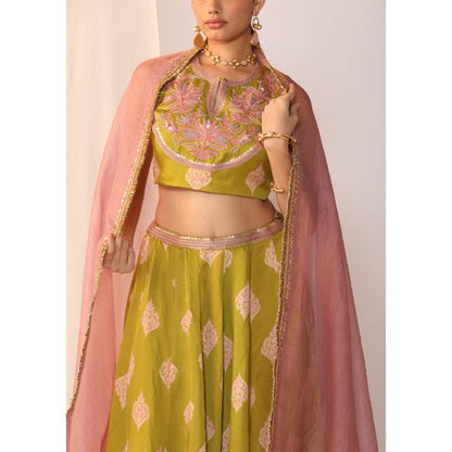 Myoho Hand Embroidery Block Printed Lehenga with Choli & Dupatta (Set of 3)