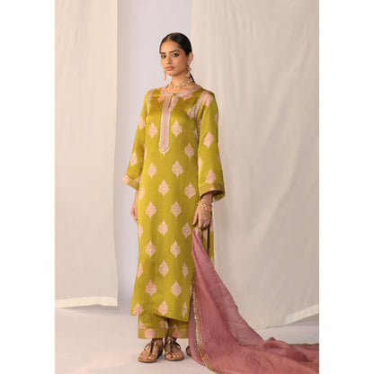 Myoho Hand Work Embroidery Block Printed Kurta with Palazzo & Dupatta (Set of 3)