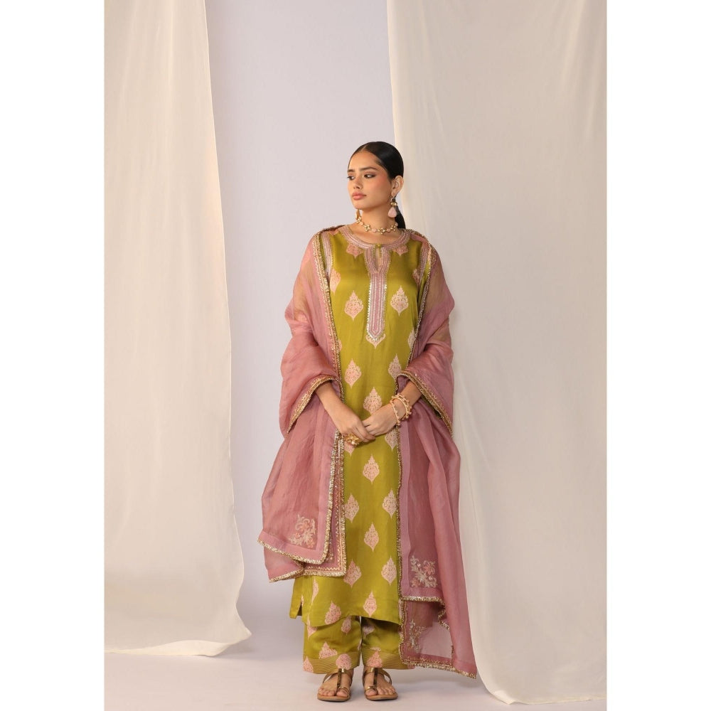 Myoho Hand Work Embroidery Block Printed Kurta with Palazzo & Dupatta (Set of 3)