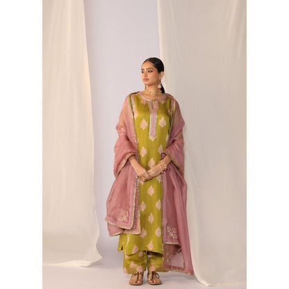 Myoho Hand Work Embroidery Block Printed Kurta with Palazzo & Dupatta (Set of 3)