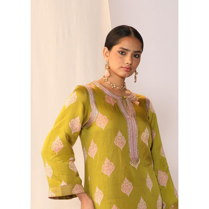 Myoho Hand Work Embroidery Block Printed Kurta with Palazzo & Dupatta (Set of 3)