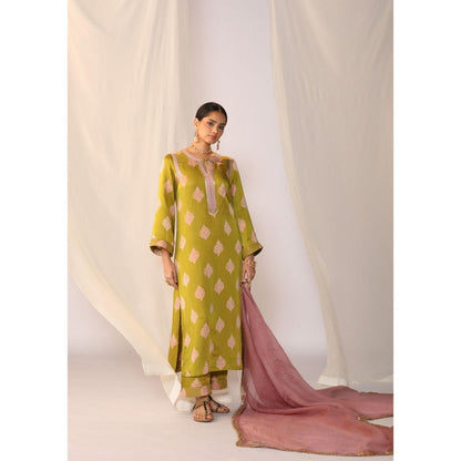 Myoho Hand Work Embroidery Block Printed Kurta with Palazzo & Dupatta (Set of 3)