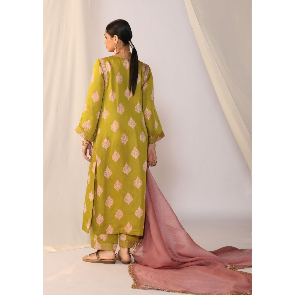 Myoho Hand Work Embroidery Block Printed Kurta with Palazzo & Dupatta (Set of 3)