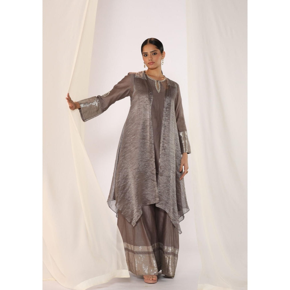 Myoho Layered Hand Work Embroidered Silk Kurta with Palazzo & Jacket (Set of 3)