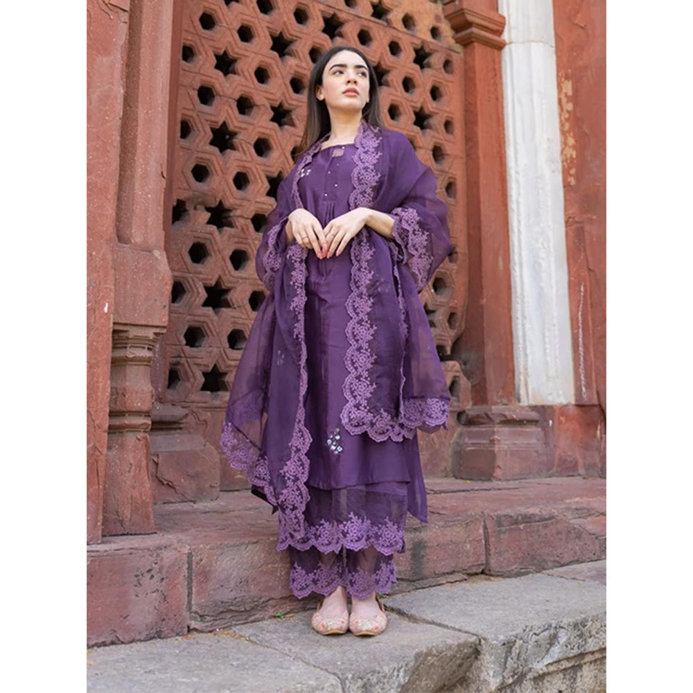 NAAZ BY NOOR Classic Purple Ensemble Kurta With Pant & Dupatta (Set of 3)