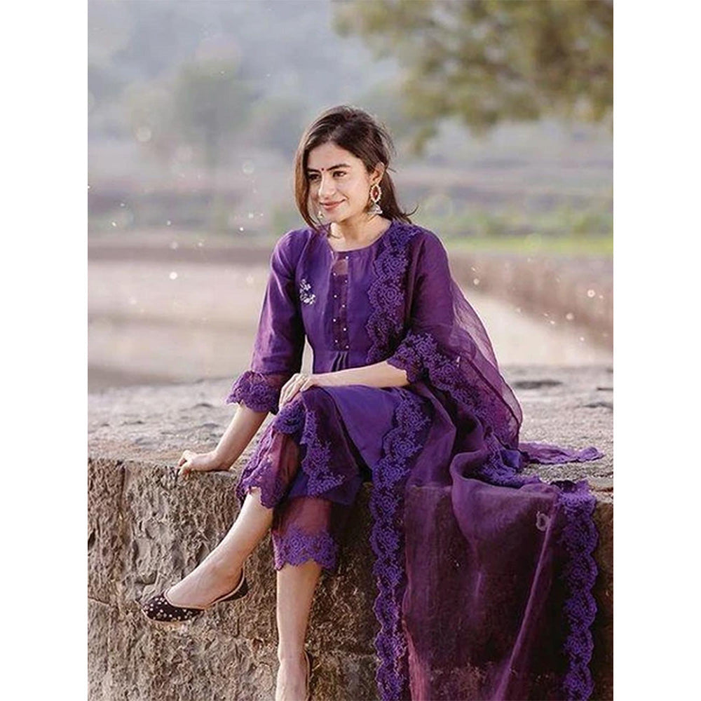 NAAZ BY NOOR Classic Purple Ensemble Kurta With Pant & Dupatta (Set of 3)