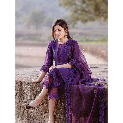 NAAZ BY NOOR Classic Purple Ensemble Kurta With Pant & Dupatta (Set of 3)