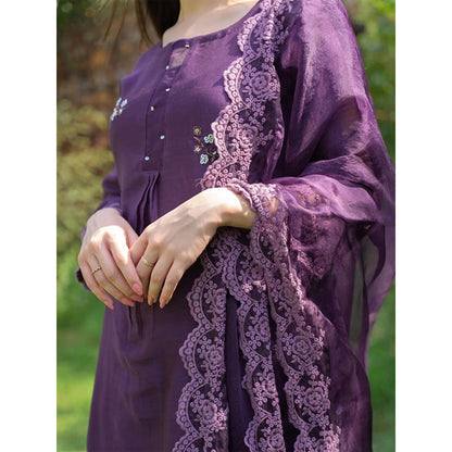 NAAZ BY NOOR Classic Purple Ensemble Kurta With Pant & Dupatta (Set of 3)