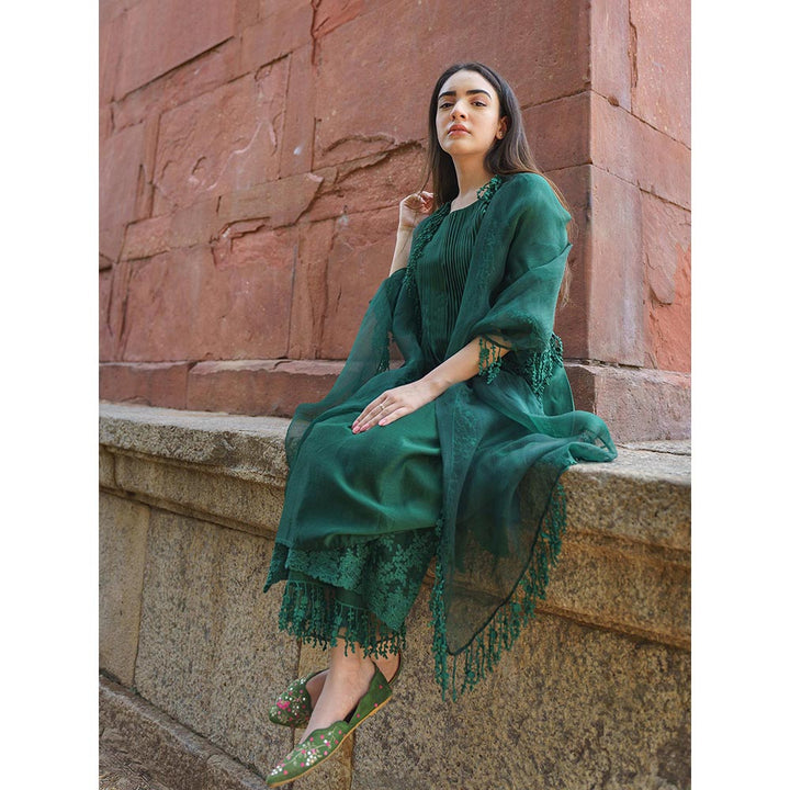 NAAZ BY NOOR Classic Green Ensemble Kurta With Pant And Dupatta (Set of 3)