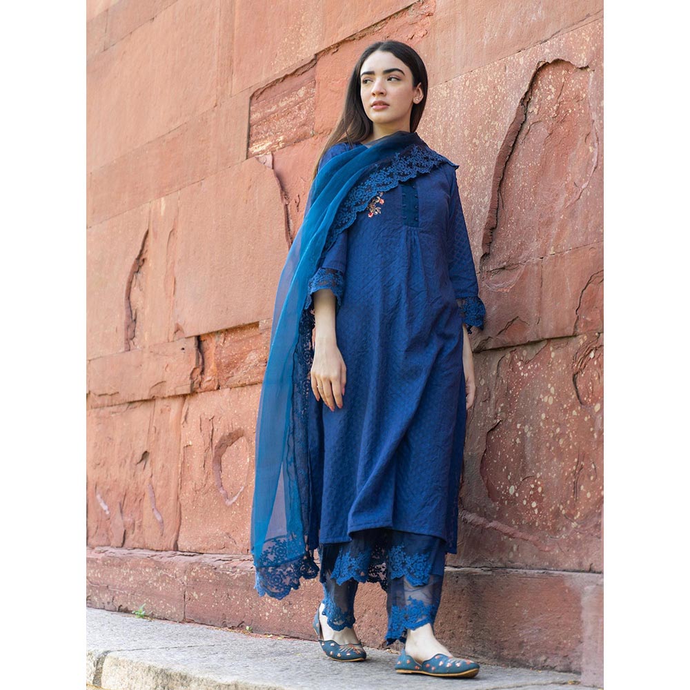 NAAZ BY NOOR Classic Blue Ensemble Kurta With Pant And Dupatta (Set of 3)