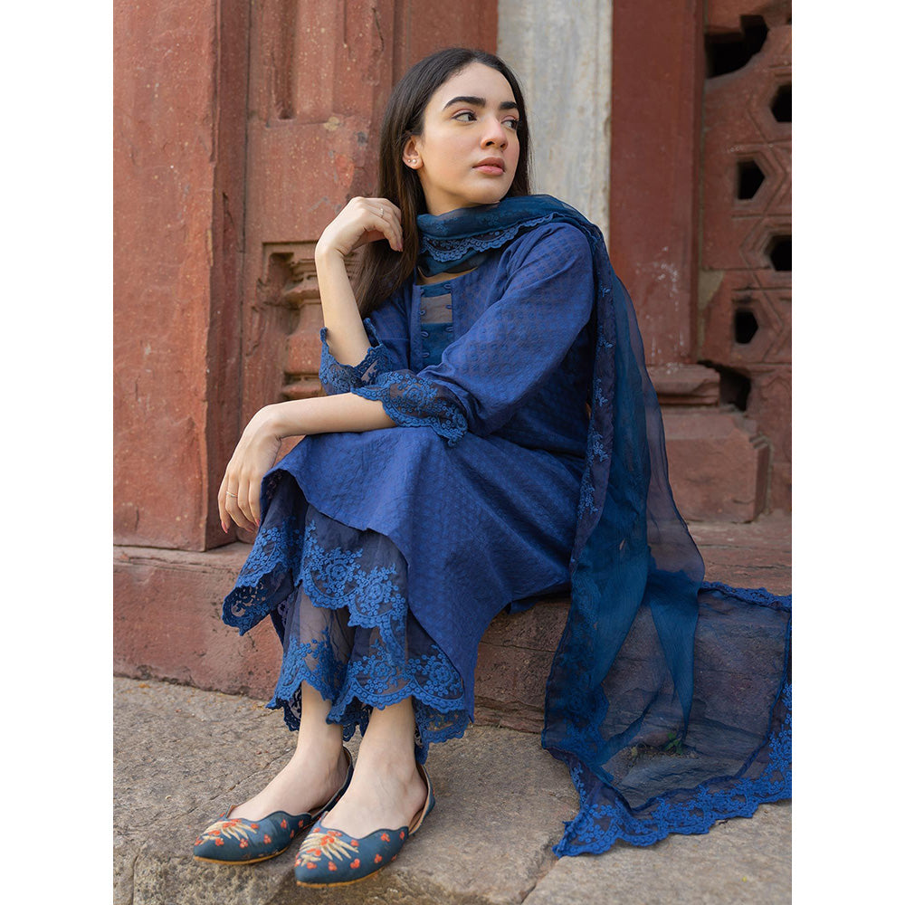 NAAZ BY NOOR Classic Blue Ensemble Kurta With Pant And Dupatta (Set of 3)