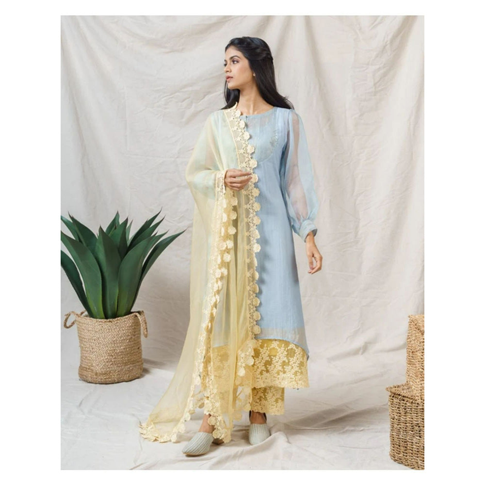 NAAZ BY NOOR Frost Blue And Yellow Iris Ensemble Kurta With Pant And Dupatta (Set of 3)