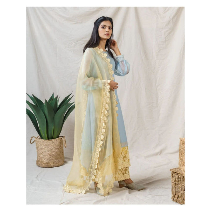 NAAZ BY NOOR Frost Blue And Yellow Iris Ensemble Kurta With Pant And Dupatta (Set of 3)