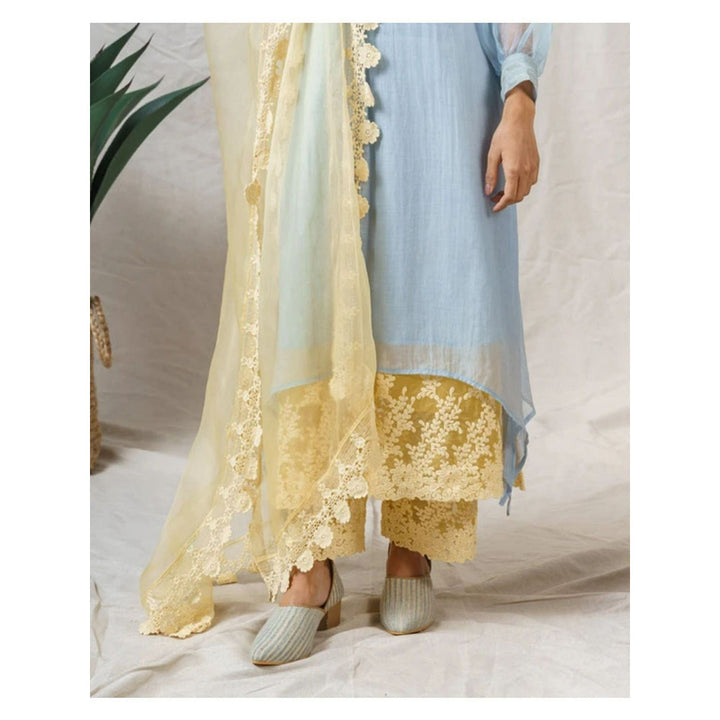 NAAZ BY NOOR Frost Blue And Yellow Iris Ensemble Kurta With Pant And Dupatta (Set of 3)