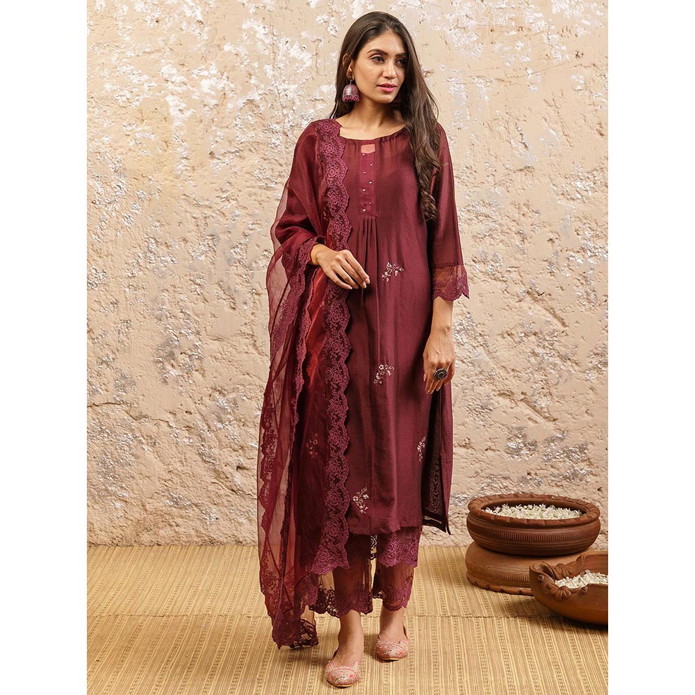 NAAZ BY NOOR Plum Embroidered Kurta With Pant And Dupatta (Set of 3)