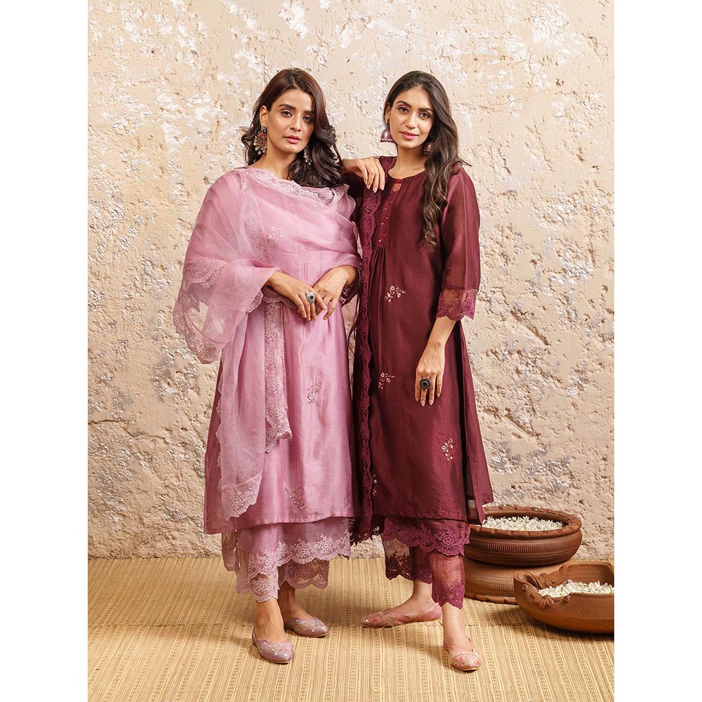 NAAZ BY NOOR Old Rose Embroidered Kurta With Pant And Dupatta (Set of 3)