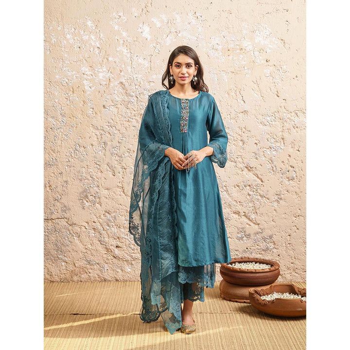 NAAZ BY NOOR Teal Embroidered Kurta With Pant And Dupatta (Set of 3)