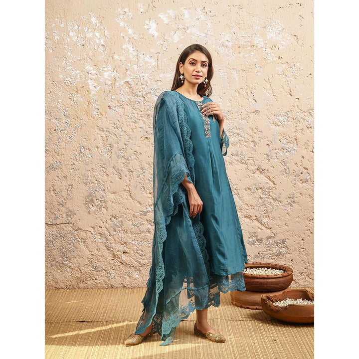 NAAZ BY NOOR Teal Embroidered Kurta With Pant And Dupatta (Set of 3)