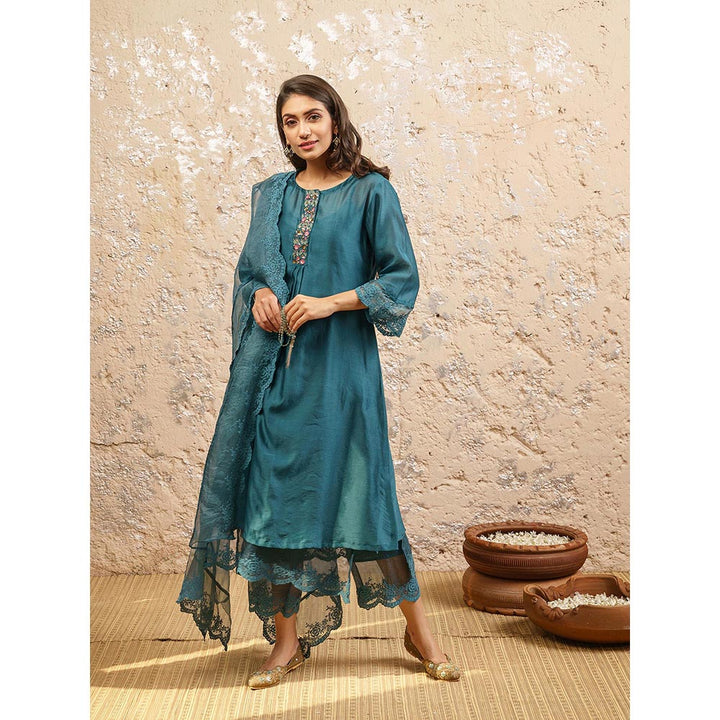 NAAZ BY NOOR Teal Embroidered Kurta With Pant And Dupatta (Set of 3)