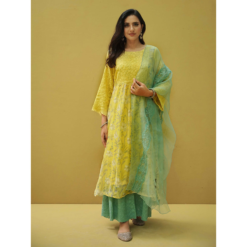 Naaz By Noor Goonj Tuscany Yellow Cyan Kurta and Sharara with Dupatta (Set of 3)