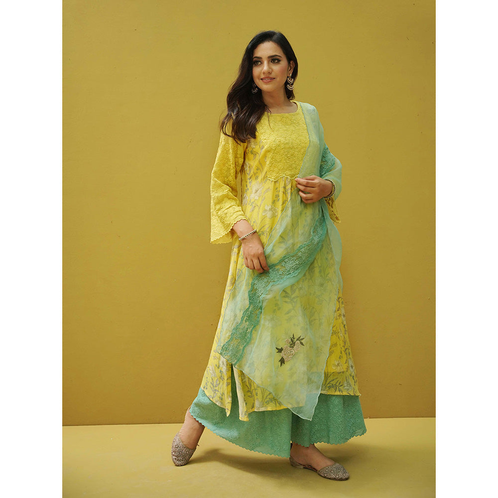 Naaz By Noor Goonj Tuscany Yellow Cyan Kurta and Sharara with Dupatta (Set of 3)