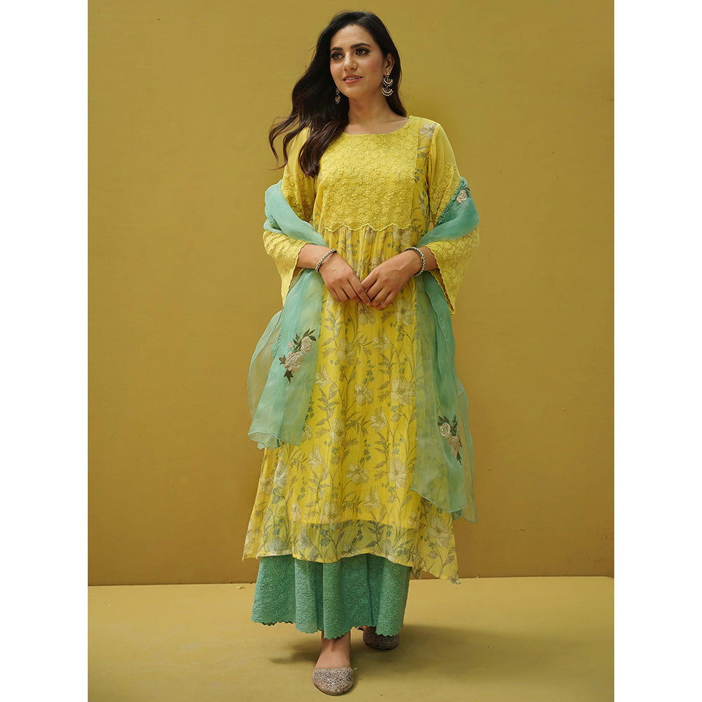 Naaz By Noor Goonj Tuscany Yellow Cyan Kurta and Sharara with Dupatta (Set of 3)