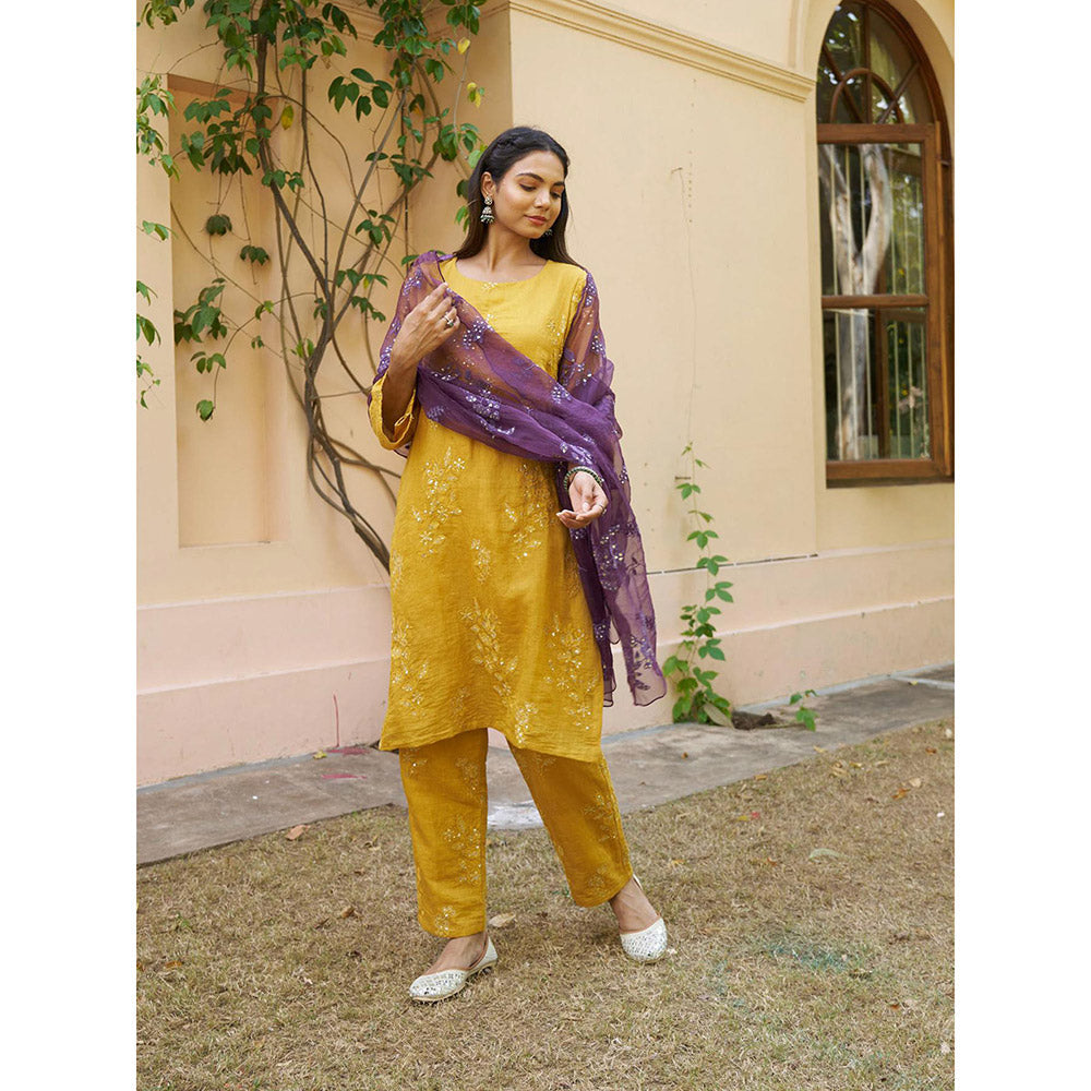 Naaz By Noor Kikli Mustard Embroidered Kurta with Pant and Dupatta (Set of 3)