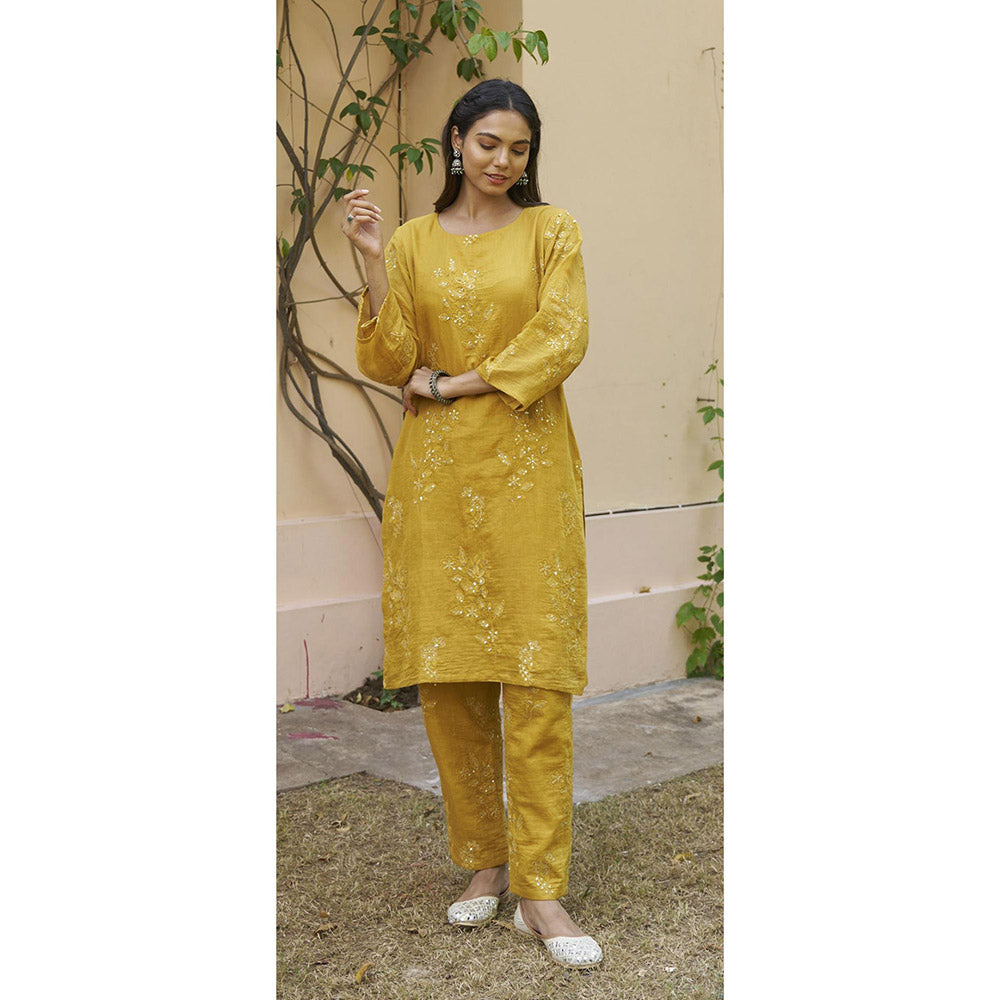 Naaz By Noor Kikli Mustard Embroidered Kurta with Pant and Dupatta (Set of 3)