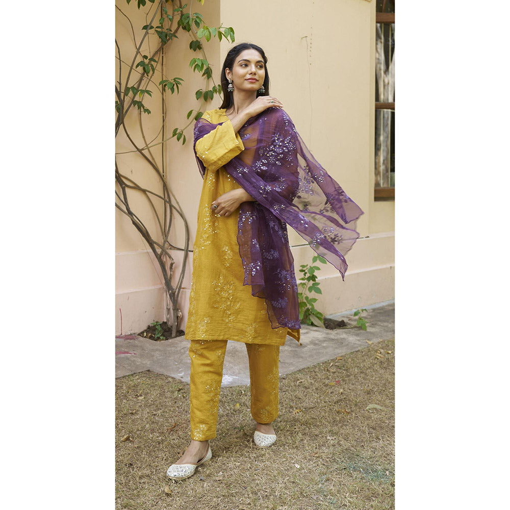 Naaz By Noor Kikli Mustard Embroidered Kurta with Pant and Dupatta (Set of 3)