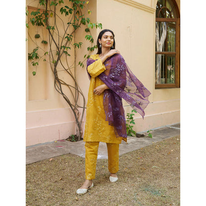 Naaz By Noor Kikli Mustard Embroidered Kurta with Pant and Dupatta (Set of 3)