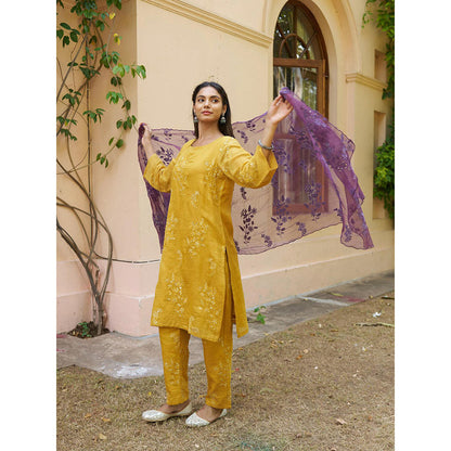Naaz By Noor Kikli Mustard Embroidered Kurta with Pant and Dupatta (Set of 3)