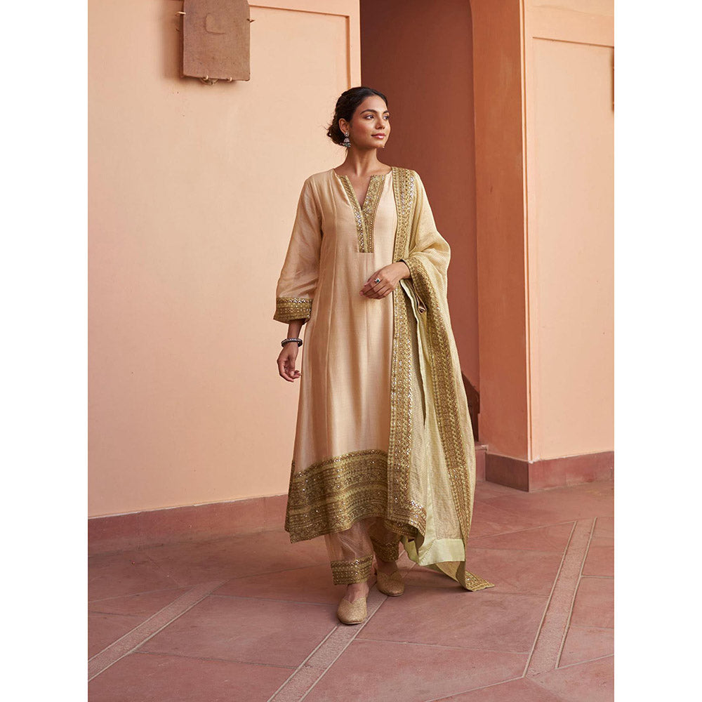 Naaz By Noor Kikli Beige Embroidered Anarkali with Pant and Dupatta (Set of 3)