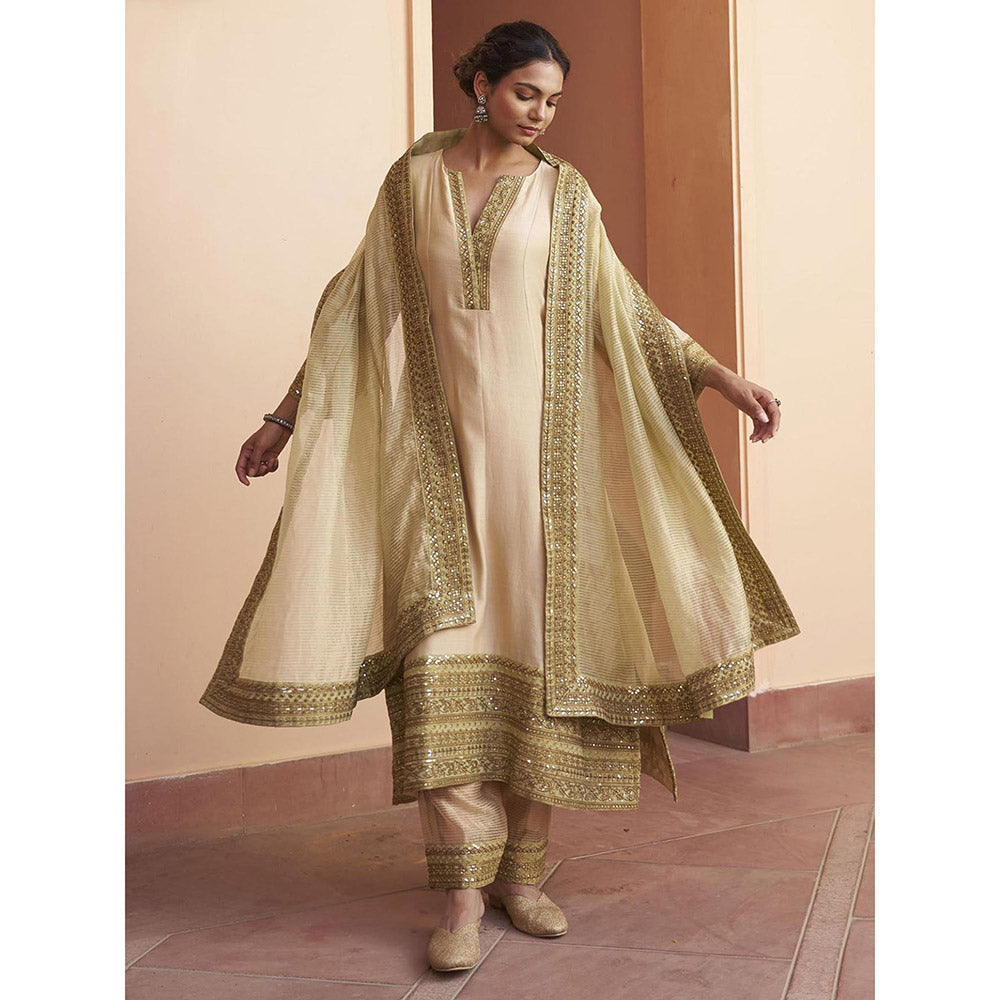 Naaz By Noor Kikli Beige Embroidered Anarkali with Pant and Dupatta (Set of 3)