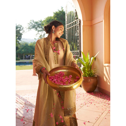 Naaz By Noor Kikli Beige Embroidered Anarkali with Pant and Dupatta (Set of 3)