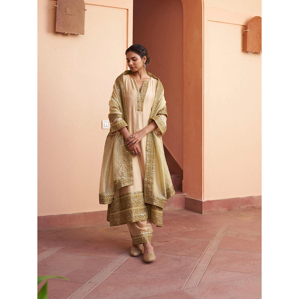 Naaz By Noor Kikli Beige Embroidered Anarkali with Pant and Dupatta (Set of 3)