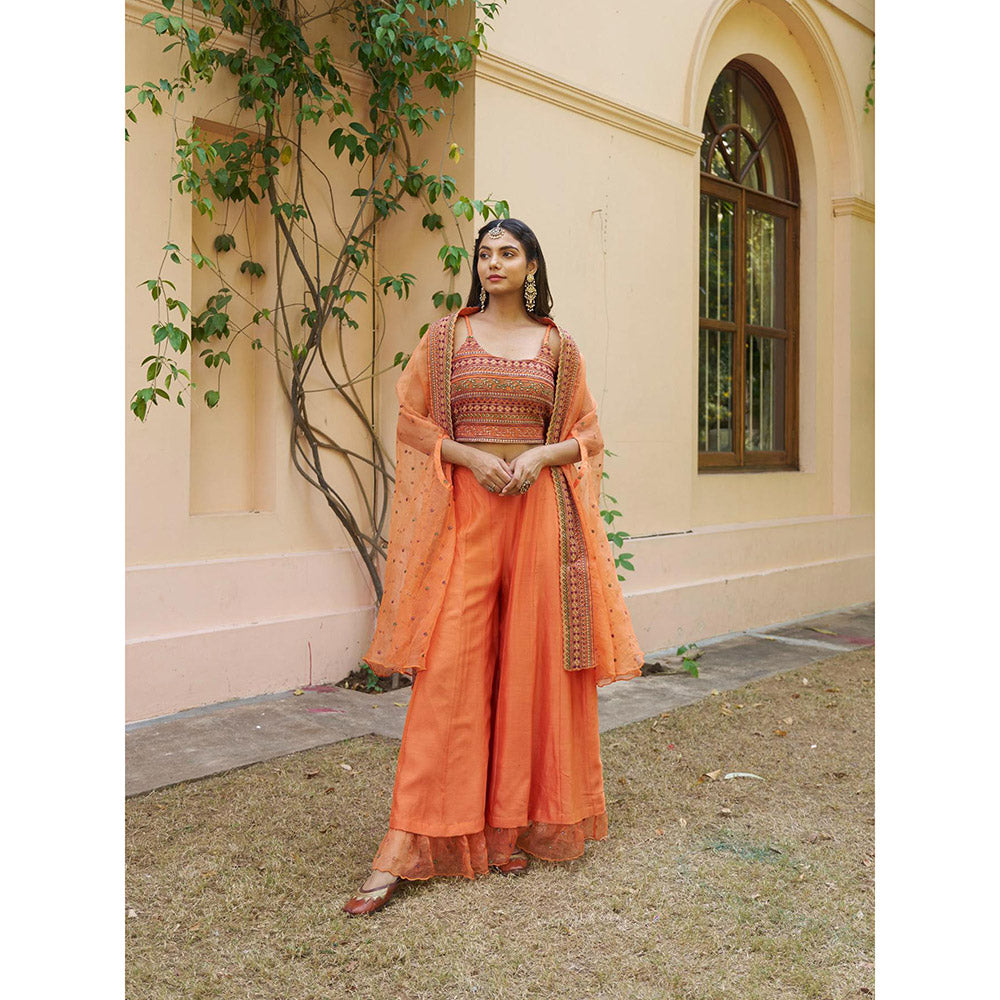 Naaz By Noor Kikli Orange Embroidered Crop Top with Palazzo and Dupatta (Set of 3)