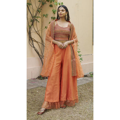 Naaz By Noor Kikli Orange Embroidered Crop Top with Palazzo and Dupatta (Set of 3)