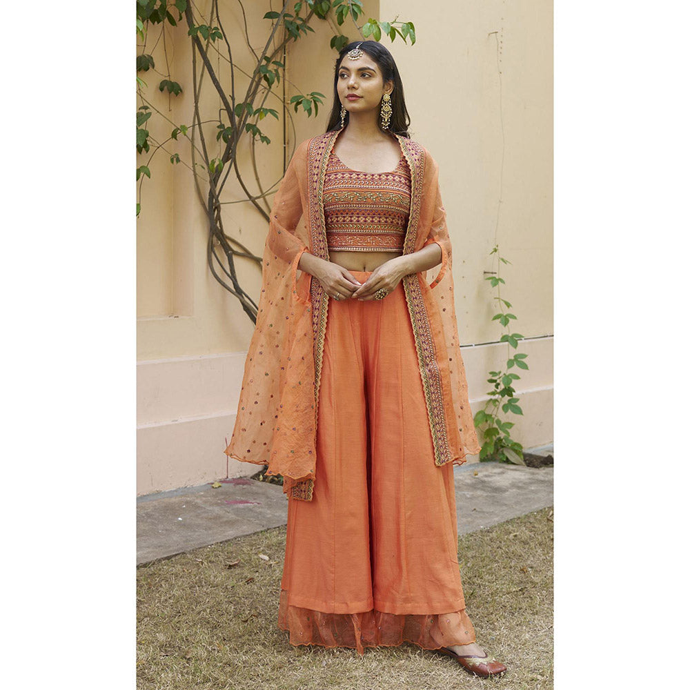 Naaz By Noor Kikli Orange Embroidered Crop Top with Palazzo and Dupatta (Set of 3)