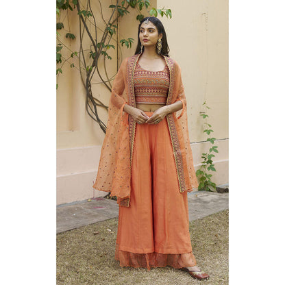 Naaz By Noor Kikli Orange Embroidered Crop Top with Palazzo and Dupatta (Set of 3)