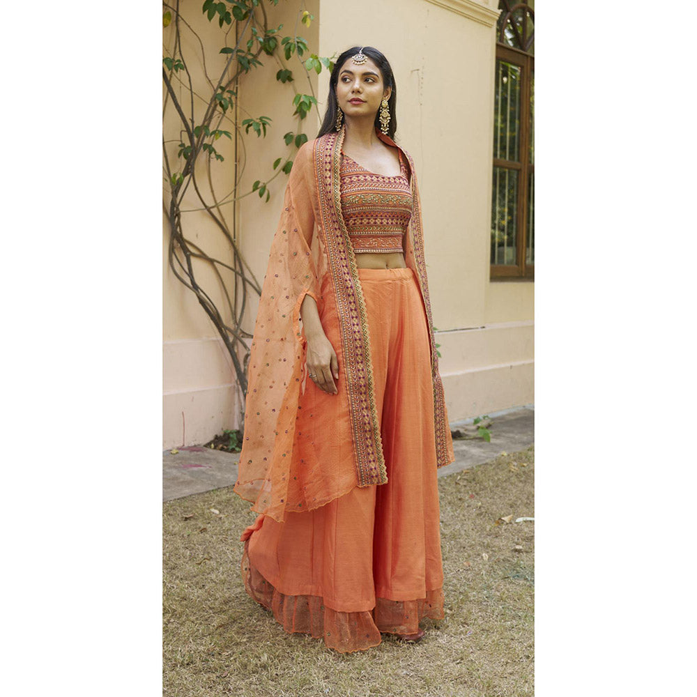 Naaz By Noor Kikli Orange Embroidered Crop Top with Palazzo and Dupatta (Set of 3)