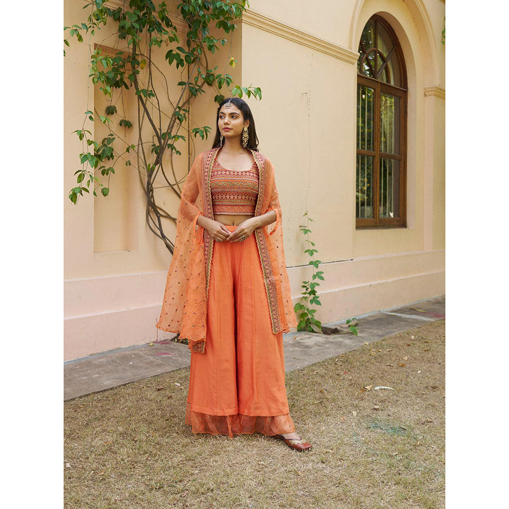 Naaz By Noor Kikli Orange Embroidered Crop Top with Palazzo and Dupatta (Set of 3)