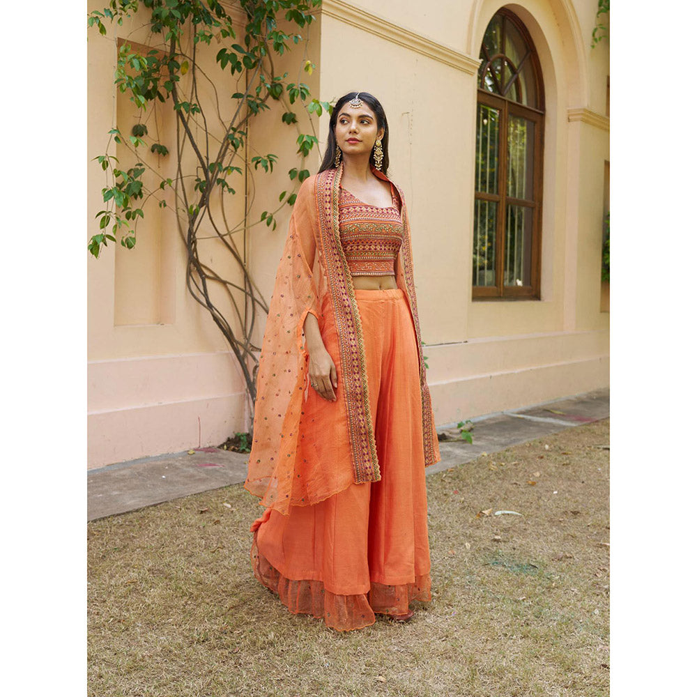 Naaz By Noor Kikli Orange Embroidered Crop Top with Palazzo and Dupatta (Set of 3)